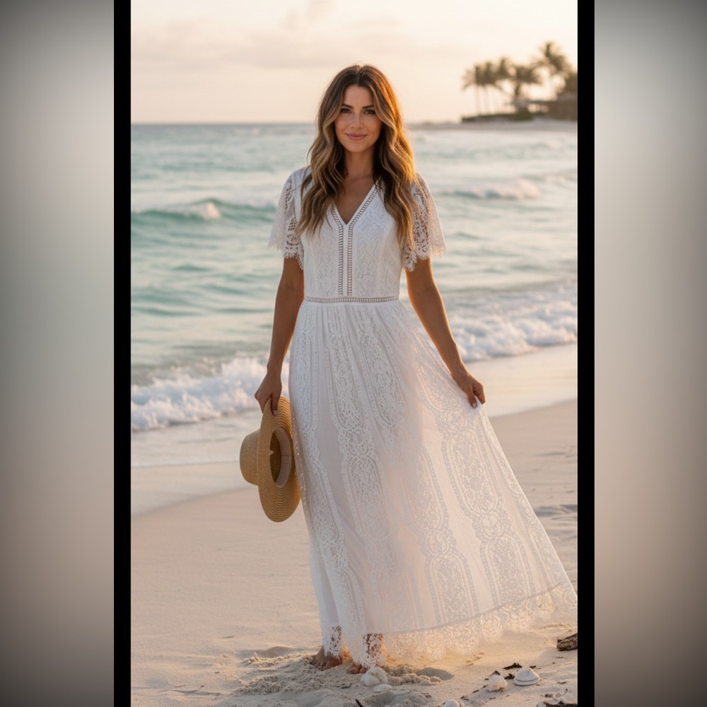 MEROKEETY FLORAL LACE BRIDESMAID MAXI DRESS White New L Boho Beach